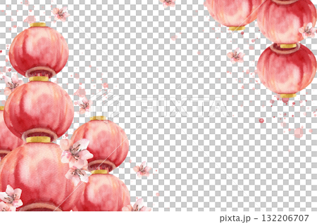 Chinese traditional festive banner template with red paper lantern watercolor illustration decorated with pink sakura flowers. Hand drawn Asian style frame with outdoor decoration for festive poster Chinese traditional festive banner template with red paper lantern watercolor illustration decorated with pink sakura flowers. Hand drawn Asian style frame with outdoor decoration for festive poster 132206707
