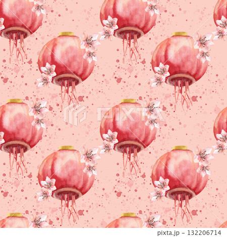 Red festive paper lantern with pink sakura blossom watercolor seamless pattern. Chinese and Asian Spring festival and lunar New Year background with outdoor light and floral elements for textile 132206714