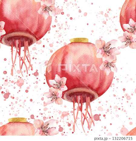 Red festive paper lantern with pink sakura blossom watercolor seamless pattern. Chinese and Asian Spring festival and lunar New Year background with outdoor light and floral elements for textile 132206715