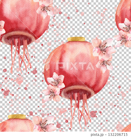 Red festive paper lantern with pink sakura blossom watercolor seamless pattern. Chinese and Asian Spring festival and lunar New Year background with outdoor light and floral elements for textile 132206715