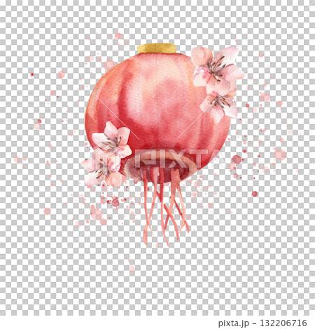 Chinese red paper lantern with pink sakura blossom watercolor illustration. Hand drawn Asian style outdoor decoration, Spring festival floral decor for card, invitation, packing design 132206716
