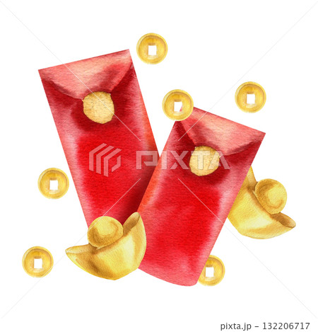 Chinese traditional red envelope, golden coins and ingot watercolor illustration. Hand drawn Asian traditional symbol of wealth, money gift wrapped in red paper for festive poster, web design Chinese traditional red envelope, golden coins and ingot watercolor illustration. Hand drawn Asian traditional symbol of wealth, money gift wrapped in red paper for festive poster, web design 132206717