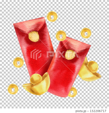 Chinese traditional red envelope, golden coins and ingot watercolor illustration. Hand drawn Asian traditional symbol of wealth, money gift wrapped in red paper for festive poster, web design Chinese traditional red envelope, golden coins and ingot watercolor illustration. Hand drawn Asian traditional symbol of wealth, money gift wrapped in red paper for festive poster, web design 132206717