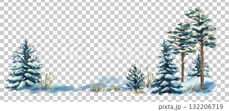 Minimal winter template featuring snow-covered pine trees, frosty grasses and open horizon, elegant airy rustic cozy composition ideal for holiday branding hand-painted watercolor illustration. 132206719
