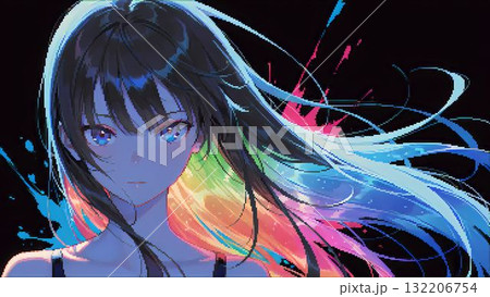 黒い背景でカラフルな配色の長い髪の女性の抽象的なイラストのドット絵 132206754