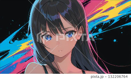 黒い背景でカラフルな配色の長い髪の女性の抽象的なイラストのドット絵 132206764