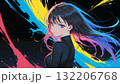 黒い背景でカラフルな配色の長い髪の女性の抽象的なイラストのドット絵 132206768