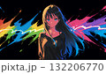 黒い背景でカラフルな配色の長い髪の女性の抽象的なイラストのドット絵 132206770
