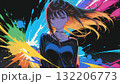 黒い背景でカラフルな配色の長い髪の女性の抽象的なイラストのドット絵 132206773
