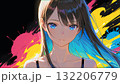 黒い背景でカラフルな配色の長い髪の女性の抽象的なイラストのドット絵 132206779