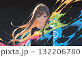 黒い背景でカラフルな配色の長い髪の女性の抽象的なイラストのドット絵 132206780