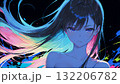 黒い背景でカラフルな配色の長い髪の女性の抽象的なイラストのドット絵 132206782
