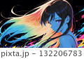 黒い背景でカラフルな配色の長い髪の女性の抽象的なイラストのドット絵 132206783