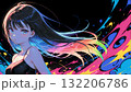 黒い背景でカラフルな配色の長い髪の女性の抽象的なイラストのドット絵 132206786