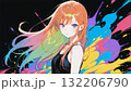 黒い背景でカラフルな配色の長い髪の女性の抽象的なイラストのドット絵 132206790