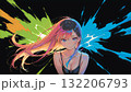 黒い背景でカラフルな配色の長い髪の女性の抽象的なイラストのドット絵 132206793