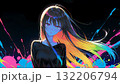 黒い背景でカラフルな配色の長い髪の女性の抽象的なイラストのドット絵 132206794