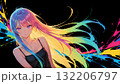 黒い背景でカラフルな配色の長い髪の女性の抽象的なイラストのドット絵 132206797