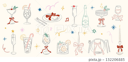 Christmas cocktail collection with festive drinks, champagne glasses, and holiday decorations. Cozy bar scene with doodle style illustrations of cocktails, wine, and celebration. Vector illustration. Christmas cocktail collection with festive drinks, champagne glasses, and holiday decorations. Cozy bar scene with doodle style illustrations of cocktails, wine, and celebration. Vector illustration. 132206885