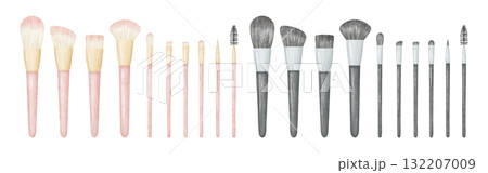 水彩画風のピンク色と黒色のメイクブラシのイラストセット 水彩画風のピンク色と黒色のメイクブラシのイラストセット 132207009