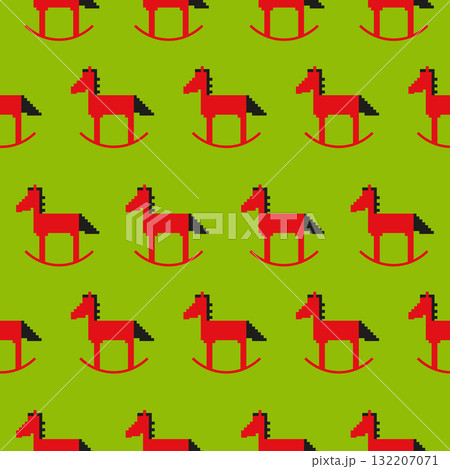 Seamless pattern with red horses. Year of the red fire horse. Pixel art patterned ideal for wrapping paper, notebook cover, fabric, print. 132207071