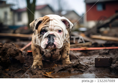 alone wet and dirty bulldog after disaster on the background of house rubble, neural network generated image 132207089