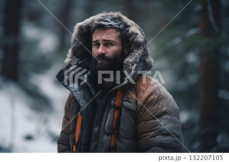 Young adult Caucasian man in winter forest at snowy day, neural network generated photorealistic image 132207105