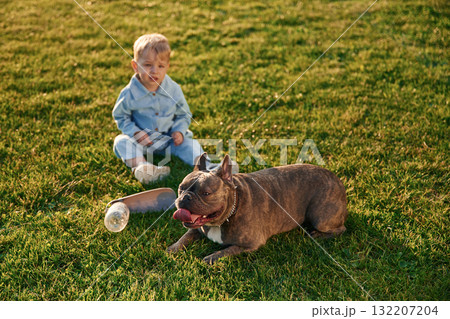 Sitting on the ground. Cute little boy is with dog on the field Sitting on the ground. Cute little boy is with dog on the field 132207204