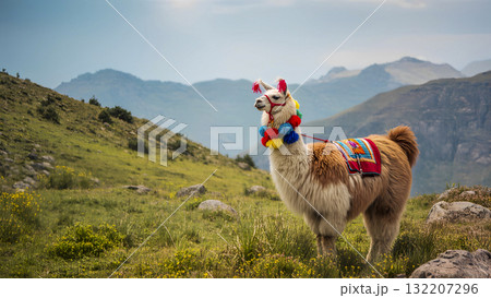A llama in traditional brightly colored attire stands in a mountain pasture in the Andes. 132207296