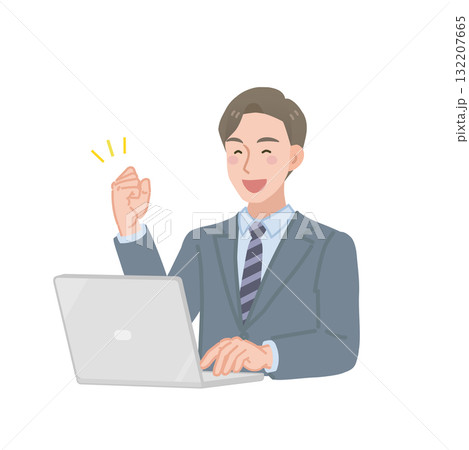 ガッツポーズをするパソコンを使うビジネスマン ガッツポーズをするパソコンを使うビジネスマン 132207665