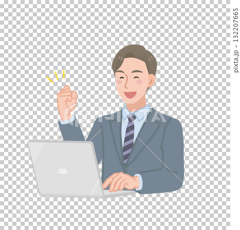 A businessman using a computer making a fist pump 132207665
