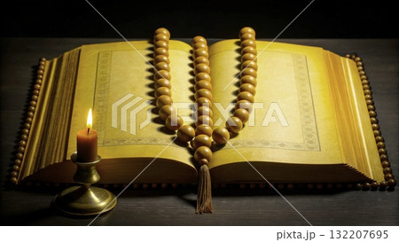 Religious book opened with prayer beads and candlelight in a serene setting 132207695