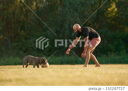 Man is playing with his dog with soccer ball on the summer field Man is playing with his dog with soccer ball on the summer field 132207727