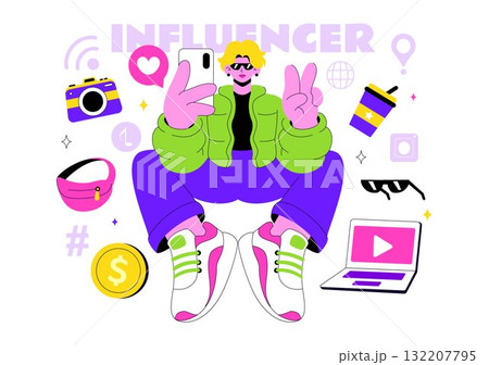 Influencers Lifestyle Vector Illustration Featuring a Photo on Social Media with a Smartphone for Followers to Promote Products and Brand Endorsements Influencers Lifestyle Vector Illustration Featuring a Photo on Social Media with a Smartphone for Followers to Promote Products and Brand Endorsements 132207795