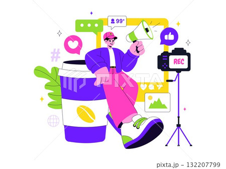 Influencers Lifestyle Vector Illustration Featuring a Photo on Social Media with a Smartphone for Followers to Promote Products and Brand Endorsements 132207799