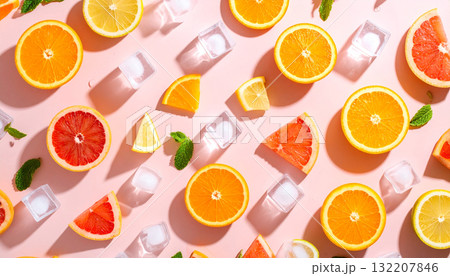 Flat lay of fresh citrus slices (orange, grapefruit, lemon) with ice and mint on a pink background with hard shadows. Flat lay of fresh citrus slices (orange, grapefruit, lemon) with ice and mint on a pink background with hard shadows. 132207846