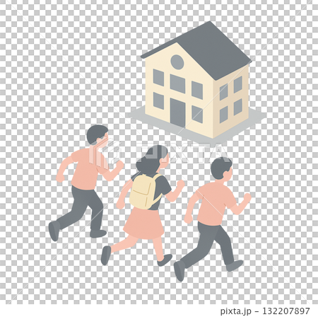 孩子們跑去上學的等距插圖（學校場景） 132207897