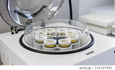 Laboratory benchtop centrifuge with serum or blood (plasma) samples in test tubes. 132207942
