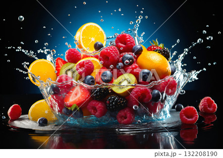 fruits mix in water splashes, on dark background, fresh and healthy food fruits mix in water splashes, on dark background, fresh and healthy food 132208190