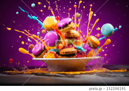 marshmallows and cookies with splashes of sauce or cream on a colored background, delicious and sweet food marshmallows and cookies with splashes of sauce or cream on a colored background, delicious and sweet food 132208191