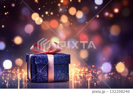 a holiday gift, a box tied with a ribbon and a bow, against the background of the night sky with lights, festive mood a holiday gift, a box tied with a ribbon and a bow, against the background of the night sky with lights, festive mood 132208240