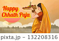 Devotee woman dressed in mustard-yellow saree holding a bamboo basket filled with fruits and diyas while performing evening Chhath Puja ritual by the riverside. 132208316