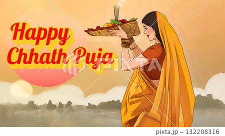 Devotee woman dressed in mustard-yellow saree holding a bamboo basket filled with fruits and diyas while performing evening Chhath Puja ritual by the riverside. 132208316
