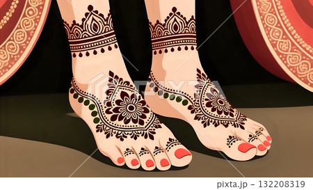 Close-up of female feet beautifully adorned with intricate mehndi designs and red nail polish, representing Indian culture and festive celebration. 132208319