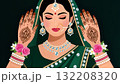 Indian bride in green saree with floral bangles and mehndi-covered hands raised in prayer, expressing devotion and grace during traditional rituals. 132208320