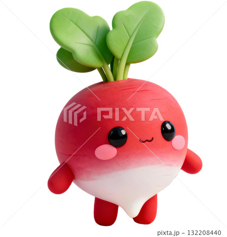 Cute 3D plush vegetable kawaii cut-out character. Funny radish with glossy eyes and smile. Cute garden mascot. 132208440