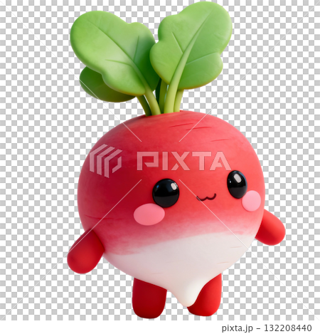 Cute 3D plush vegetable kawaii cut-out character. Funny radish with glossy eyes and smile. Cute garden mascot. 132208440