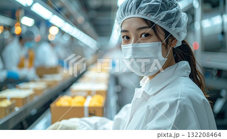 白い防護服を着て作業をする女性　AI生成素材 132208464