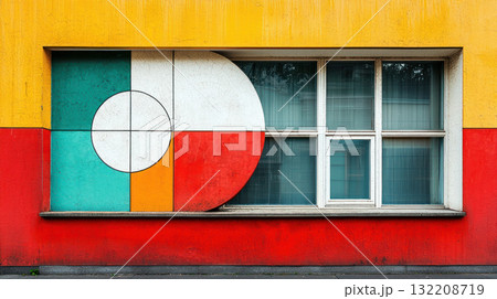 vibrant Bauhaus inspired facade with geometric shapes and bold colors, featuring window framed by red, yellow, and teal 132208719