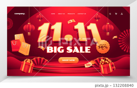 Landing page hero section showing 11.11 Guanggun Jie sale countdown and lantern icons in realistic style Landing page hero section showing 11.11 Guanggun Jie sale countdown and lantern icons in realistic style 132208840